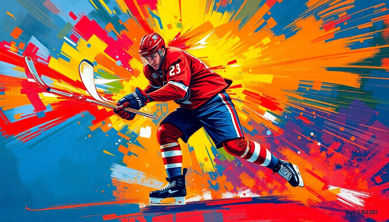 An abstract, expressionist painting in vibrant neon colors depicting the powerful motion and energy of Tage Thompson's slapshot, with the puck as a blurred neon shape and Thompson's body distorted into an energetic, dynamic form.