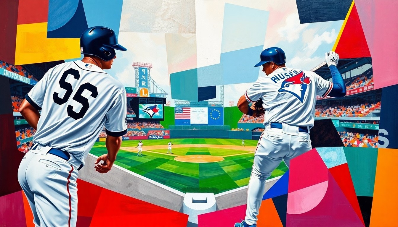 A cubist-style painting featuring overlapping geometric shapes in the colors of the White Sox and Blue Jays uniforms, abstractly representing the players and action of the baseball game.