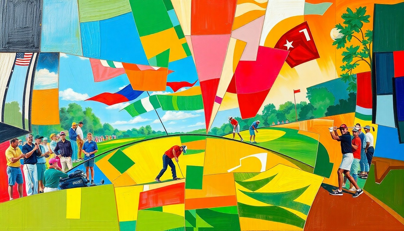 A cubist, geometric painting depicting a fragmented golf tournament or competition, with sharp, overlapping planes of vibrant colors representing the teams mentioned in the story.