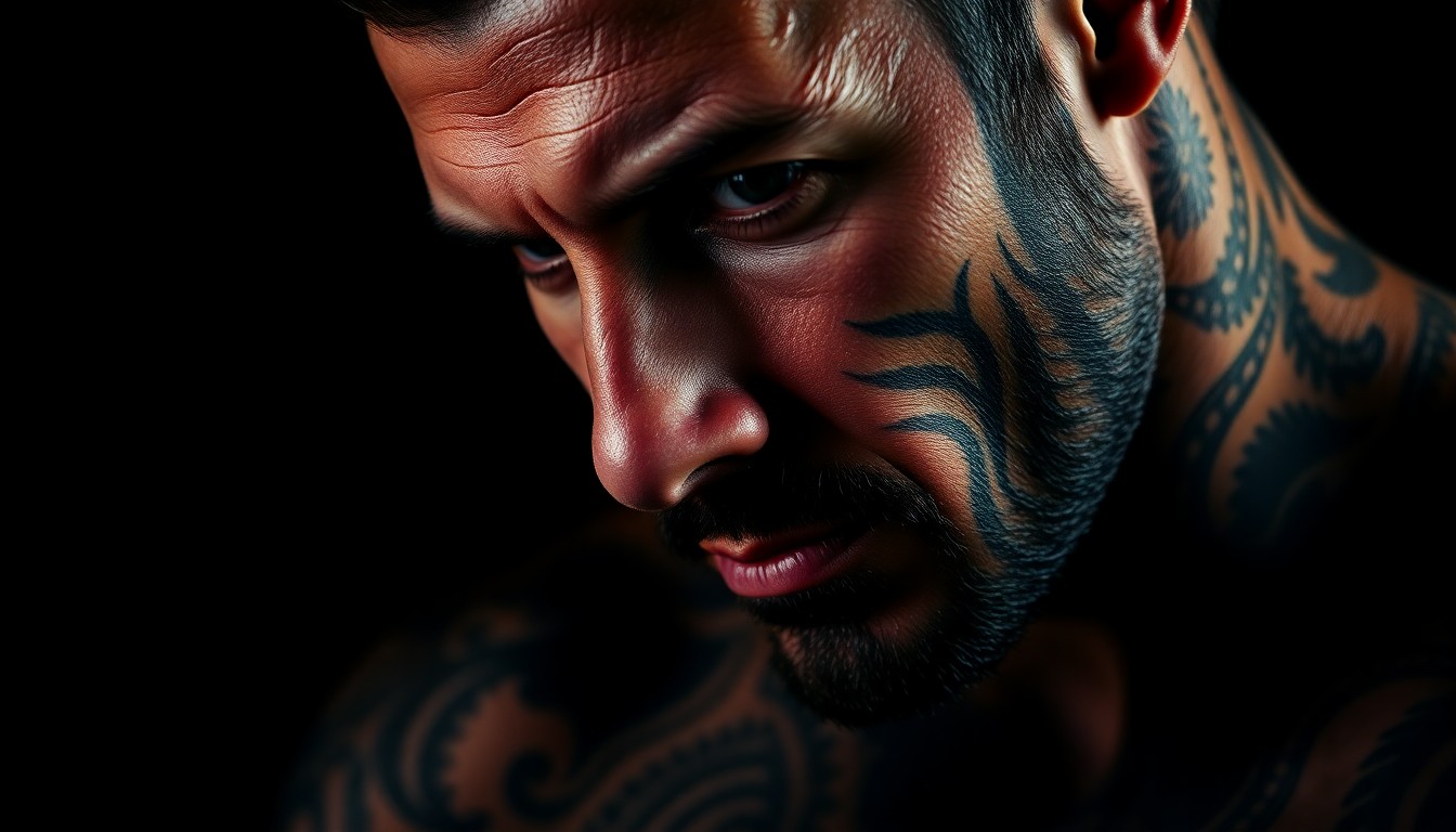 An extreme close-up photograph of David Beckham's tattoos, capturing the intricate details and luxurious textures of his body art in a high-contrast, glamorous studio setting.