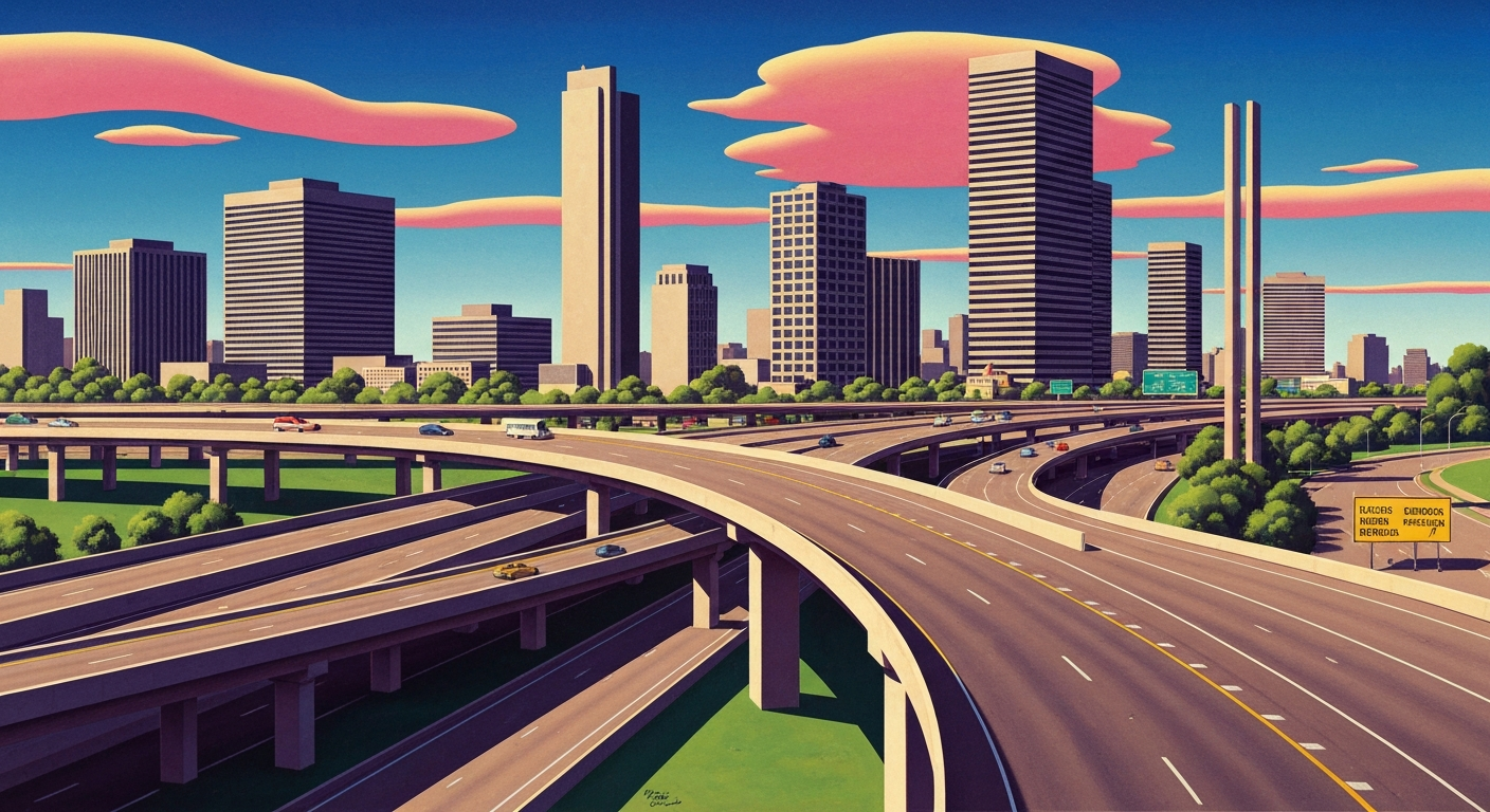 A bold, geometric illustration depicting the grand scale and disruption of a highway closure, with sweeping gradients and towering forced perspectives of the highway and surrounding cityscape, conveying the complex challenges of modern infrastructure projects.