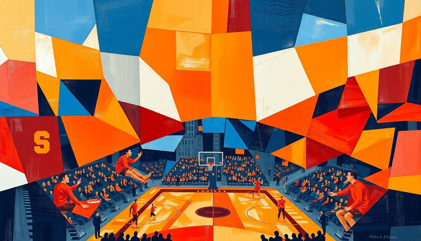 A cubist, geometric painting depicting a fragmented, multi-perspective view of a college basketball game, with the sharp, overlapping planes representing the nuanced career transition of a coach seeking new opportunities.