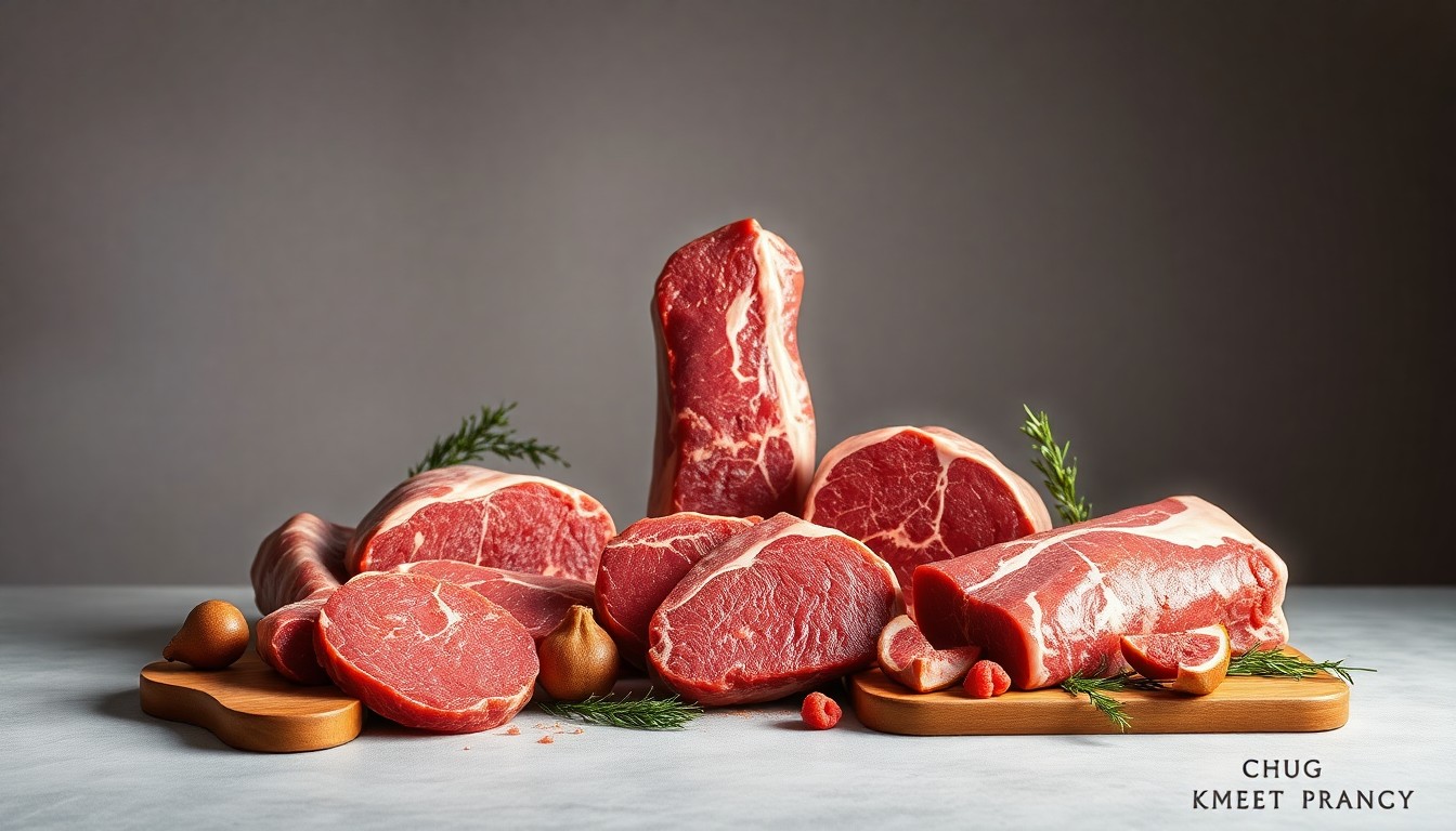 A high-end, photorealistic studio still-life photograph featuring a selection of premium raw beef cuts and specialty meat products arranged elegantly on a clean, monochromatic seamless background, conceptually representing the Chug Springs Meat Wagon's commitment to quality, local Wyoming beef.