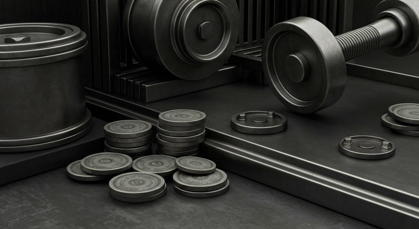 An extreme close-up of intricate banking machinery and mechanisms, conveying the heavy, industrial nature of financial infrastructure and the importance of monetary policy decisions.