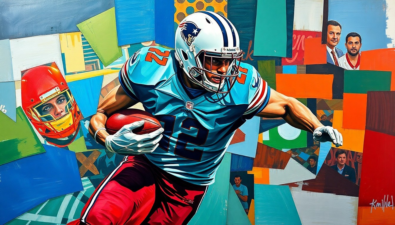 A fractured, geometric painting depicting a football player in the midst of a pass rush, with sharp planes of color and overlapping perspectives capturing the raw energy of the game.