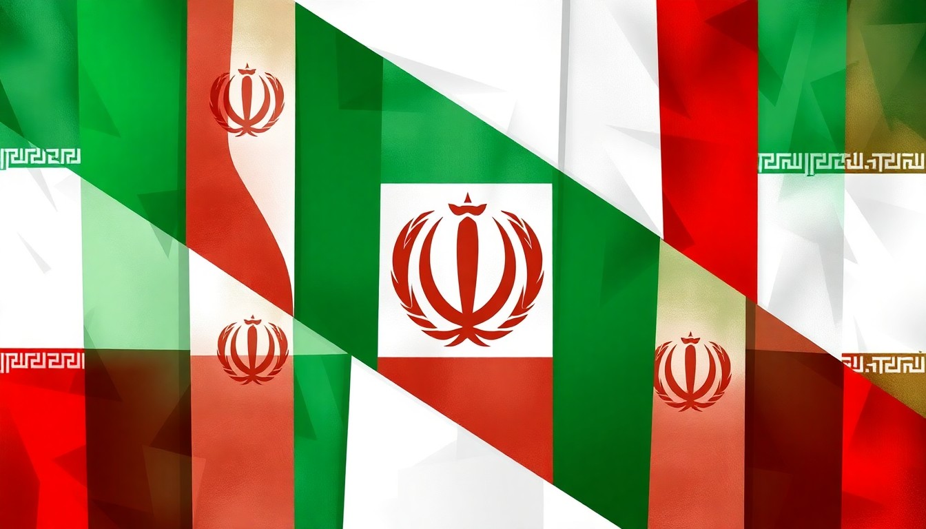 A dynamic, fragmented painting in shades of green, white, and red, with the emblem of the Islamic Republic of Iran repeated in a kinetic, overlapping pattern, conceptually representing the complex and fractured relationship between the U.S. and Iran.