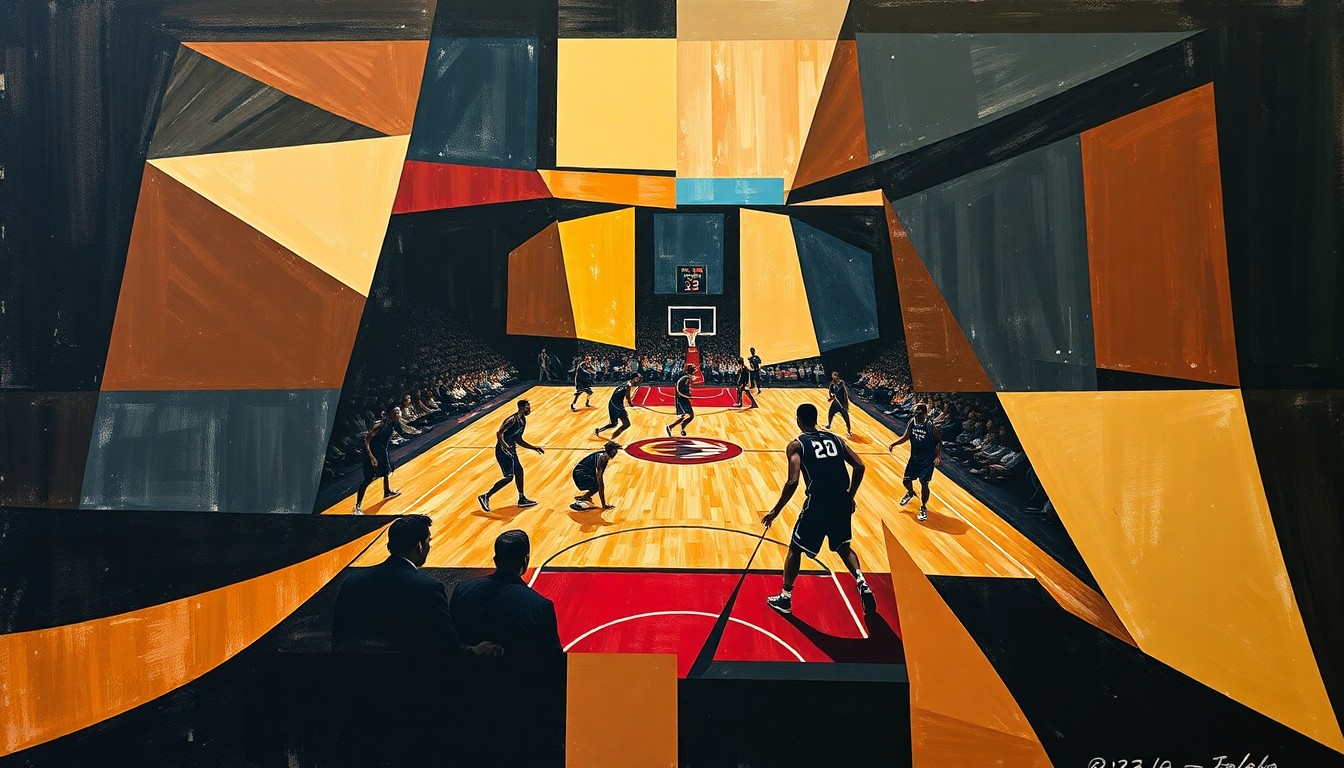 A fragmented, cubist-style painting depicting the dynamic movements and energy of a college basketball game, with players and the court deconstructed into sharp, overlapping geometric shapes and planes.