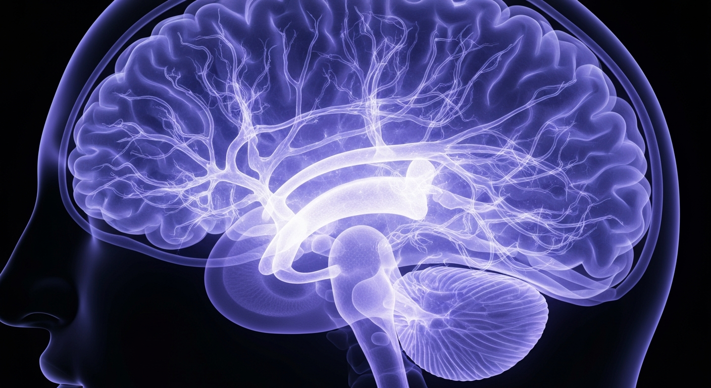 An ethereal, ghostly X-ray image of a human brain, with glowing neural pathways and structures revealed in shades of blue and purple against a dark background, conceptually representing the complex inner workings of the brain affected by Parkinson's disease.