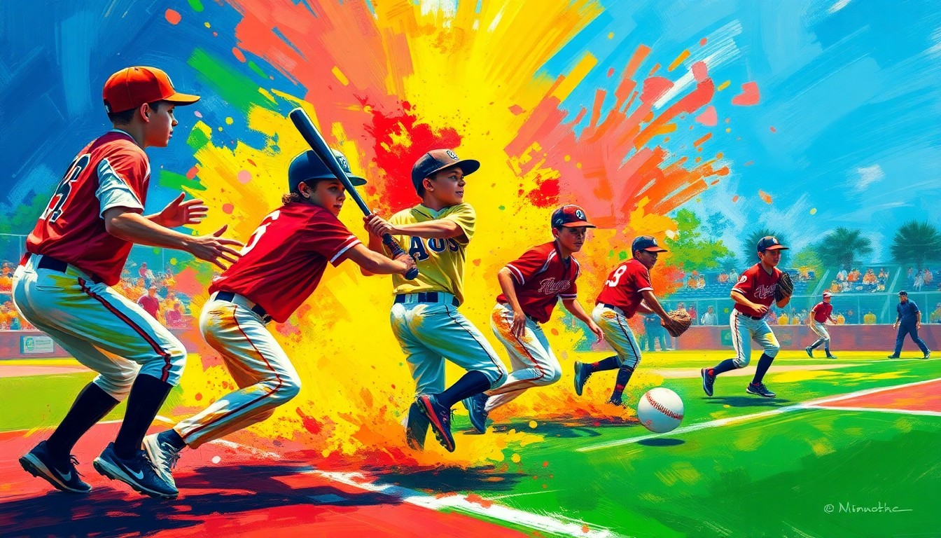 A dynamic, expressionistic painting in bright neon colors, depicting the motion and energy of a youth baseball game, with players' forms blending into abstract brushstrokes.