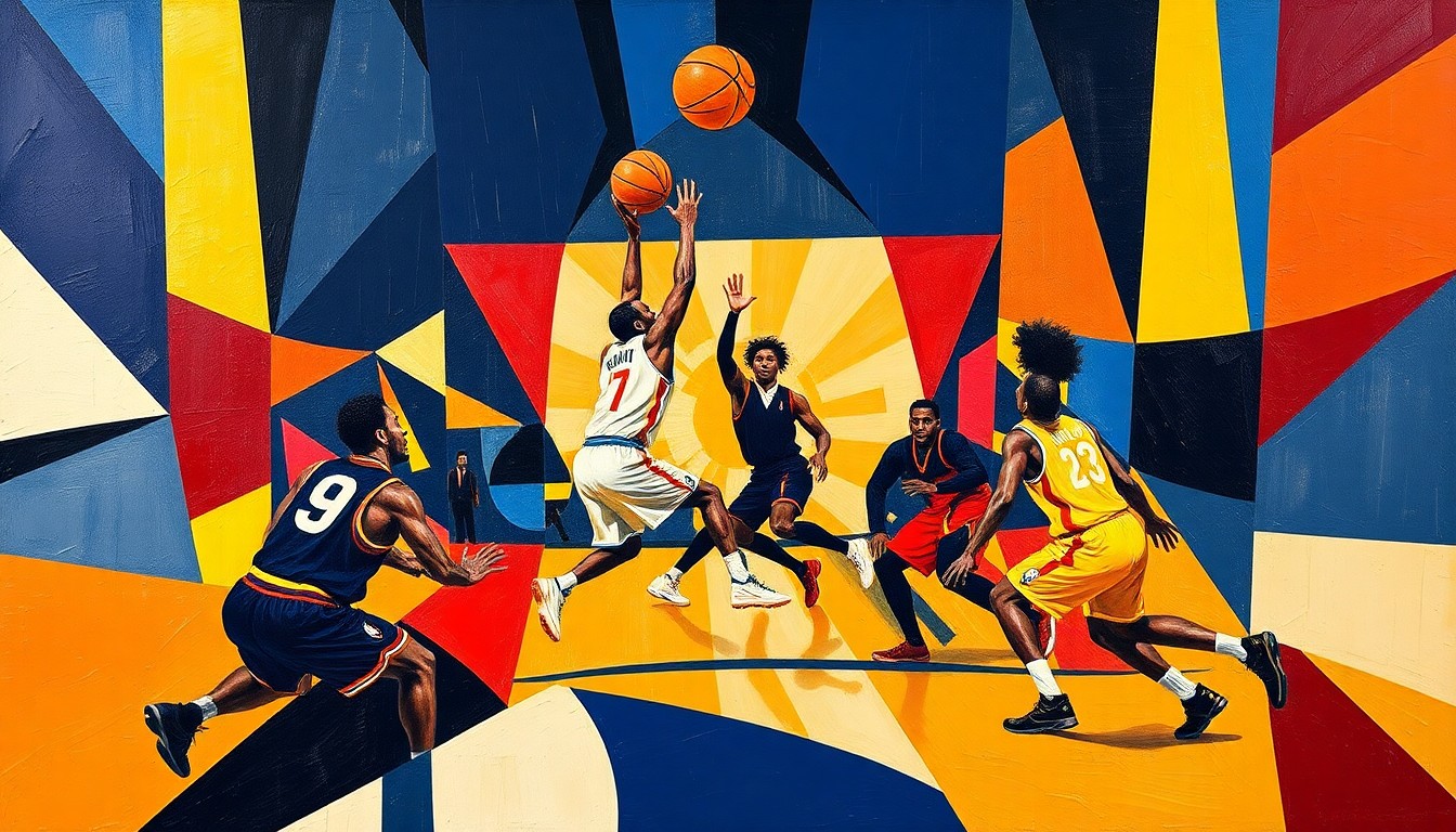 A cubist, geometric painting depicting a fragmented basketball game, with players' forms broken down into sharp, overlapping shapes in a vibrant color scheme, conceptually representing the strategic challenges of the Cavaliers' upcoming playoff matchup.