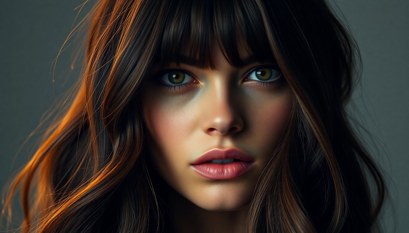 An extreme close-up photograph of long, flowing brunette hair with soft, face-framing curtain bangs, captured in dramatic high-contrast studio lighting to create a luxurious, high-fashion aesthetic.