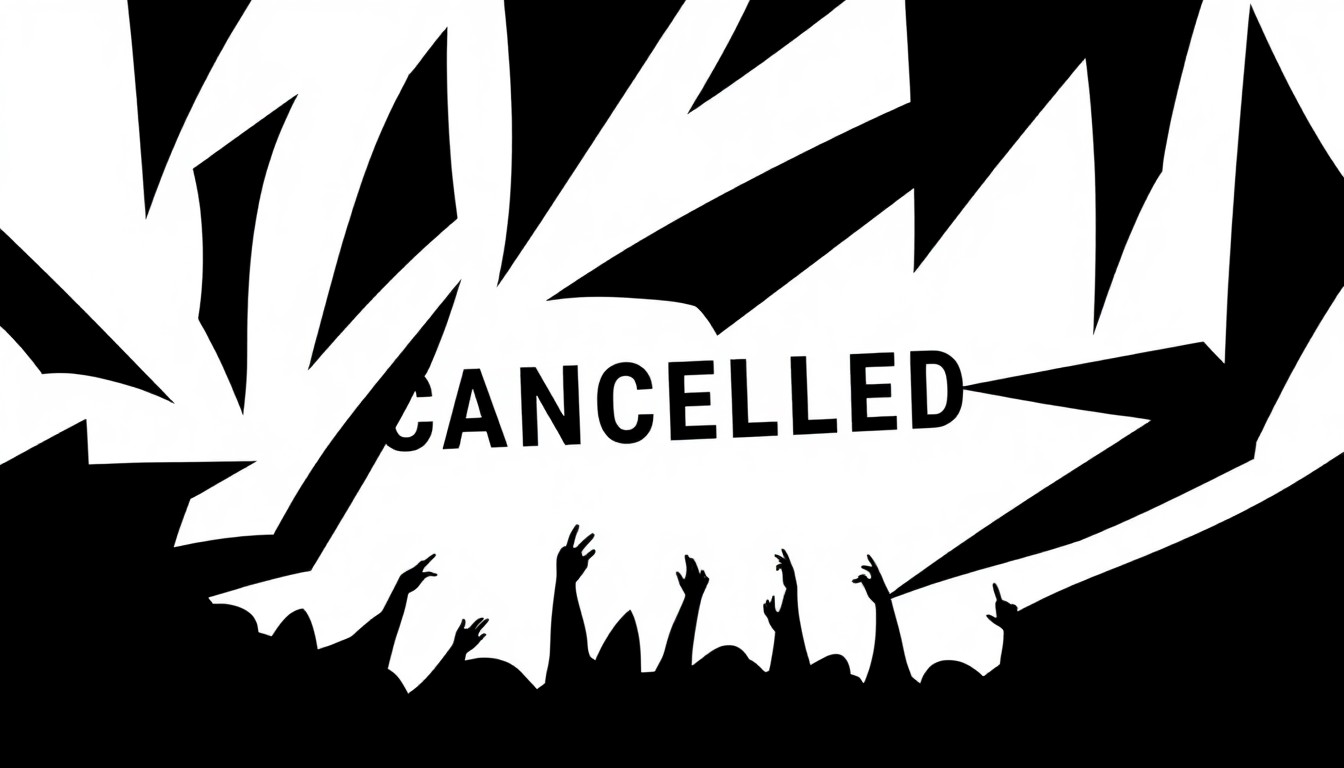 An abstract, minimalist illustration featuring sharp, angular black shapes against a plain white background, conveying the idea of a canceled music performance due to inclement weather.