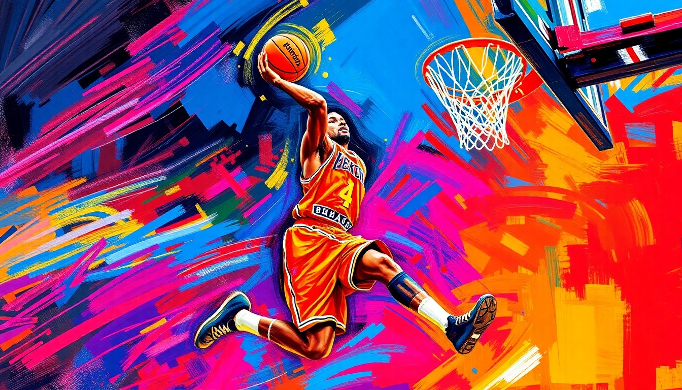 An abstract, expressionist painting in neon colors depicting the dynamic motion of a basketball player driving to the hoop, capturing the raw energy and excitement of Brandin Podziemski's milestone performance.
