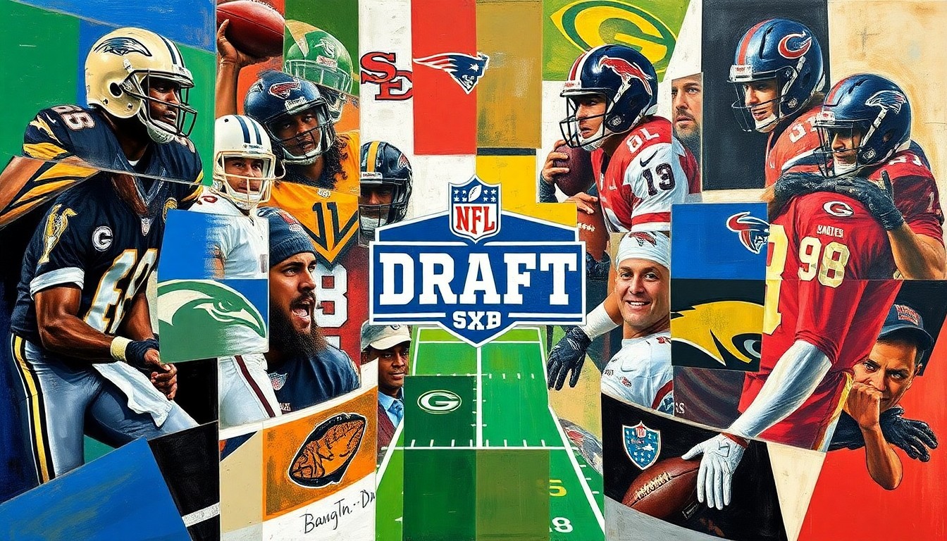 A cubist, geometric painting depicting the chaotic, multi-faceted nature of the NFL Draft process, with fragmented shapes and planes representing football players, draft cards, and team logos.
