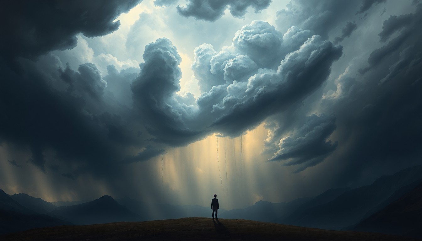 A sweeping, atmospheric landscape painting in muted tones of gray, blue, and green, with a lone figure barely visible in the foreground as an ominous storm cloud looms overhead, conveying the overwhelming power of nature.