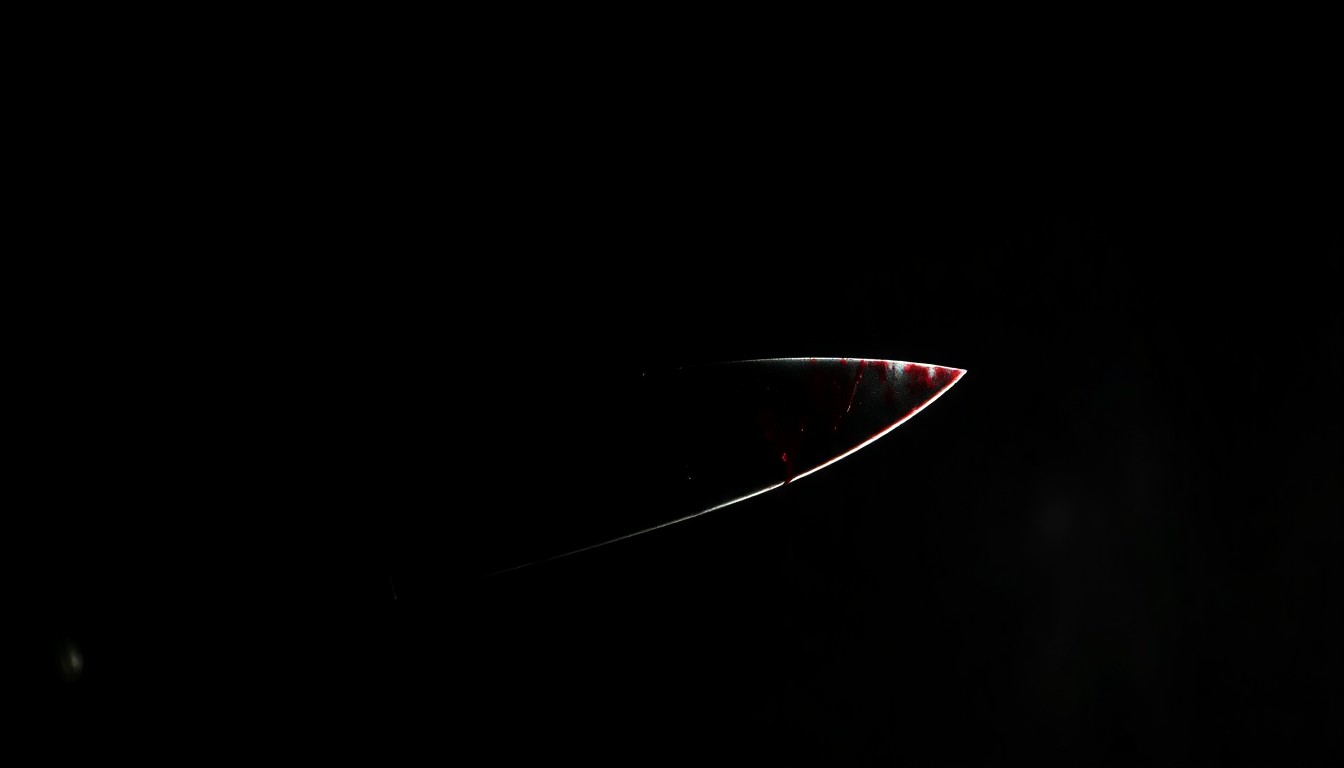 An extreme close-up photograph of a single bloodied knife blade against a pitch-black background, conceptually illustrating the violence of a recent fatal stabbing incident in downtown Tampa.