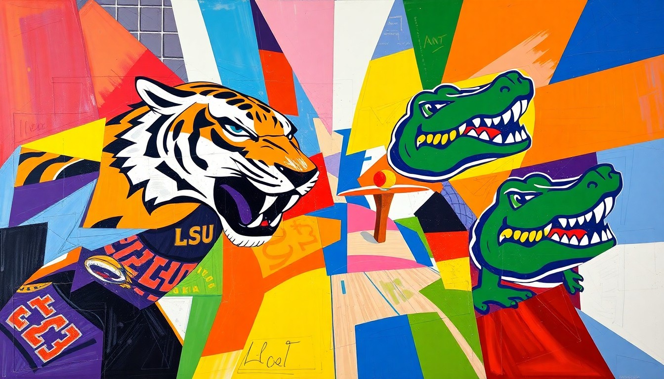 A cubist, geometric painting depicting the fragmented movements and perspectives of a women's basketball game, with the vibrant colors of the LSU Tigers and Florida Gators uniforms overlapping across the canvas.
