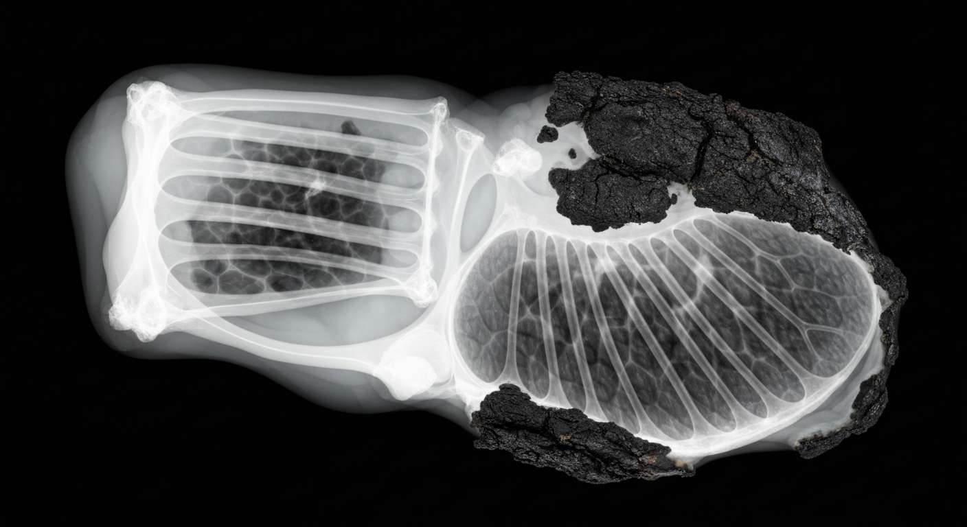A translucent X-ray photograph showing the internal structure of a blackened, charred piece of meat against a dark background, with ghostly glowing lines highlighting the chemical compounds formed by overcooking.