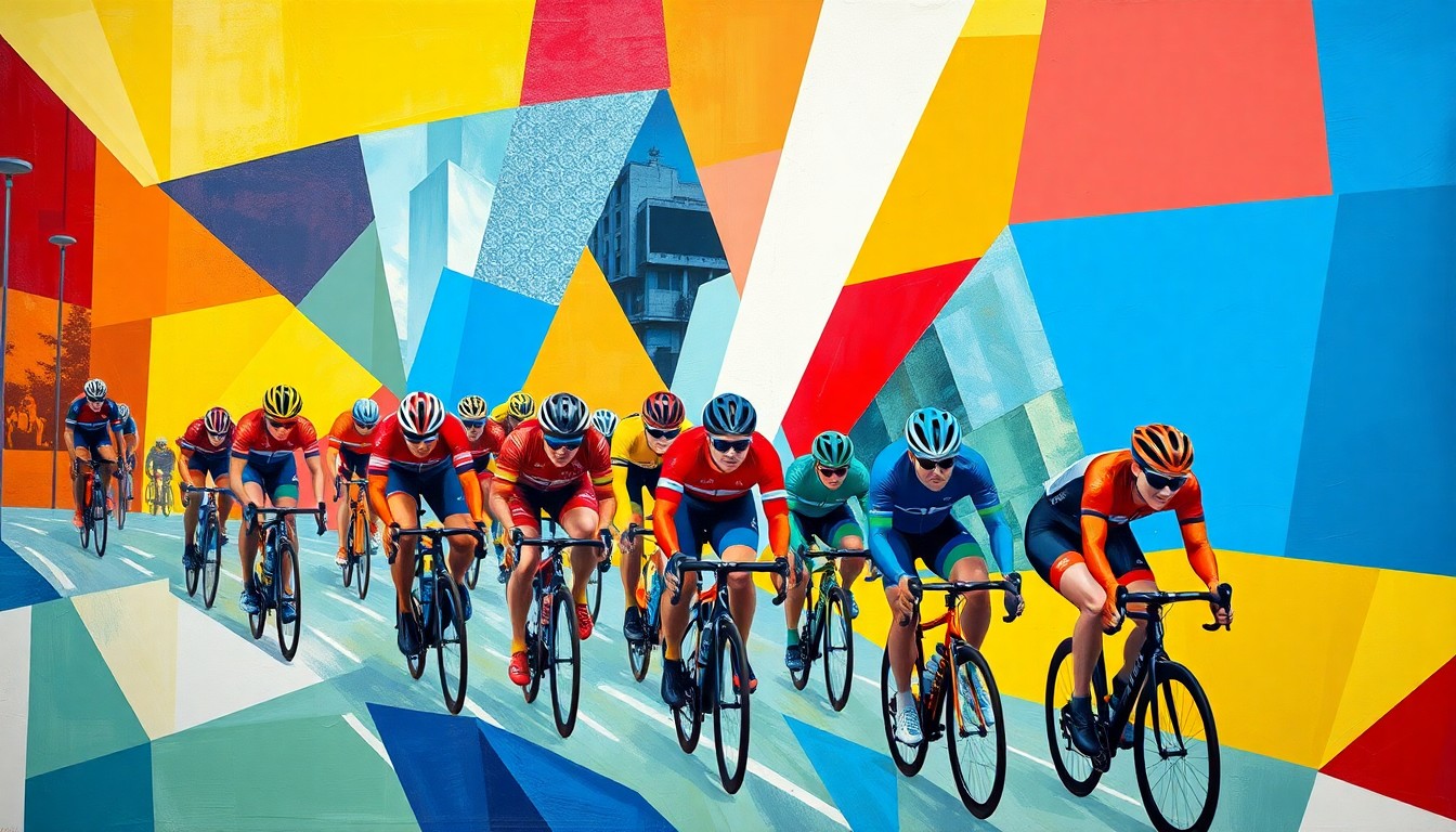A fragmented, geometric painting in bold primary colors, depicting the chaotic motion and overlapping perspectives of a cycling race, conveying the complex challenges facing the sport's governing bodies.