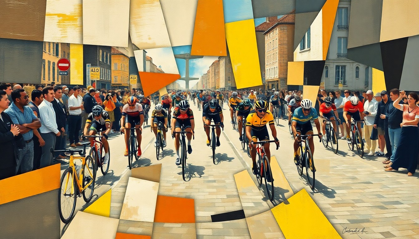 A cubist-style painting depicting a Paris-Roubaix race scene, with riders and their bikes broken down into sharp, overlapping geometric shapes and planes, capturing the raw energy and chaos of the cobbled sectors.