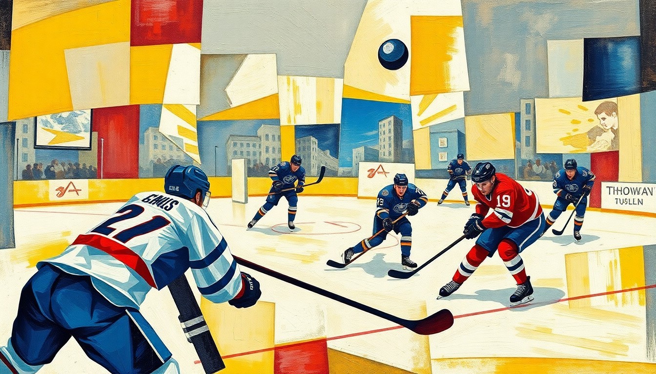 A cubist-style painting depicting a hockey game, with players and the puck represented through fragmented, overlapping geometric shapes in a dynamic, energetic composition.