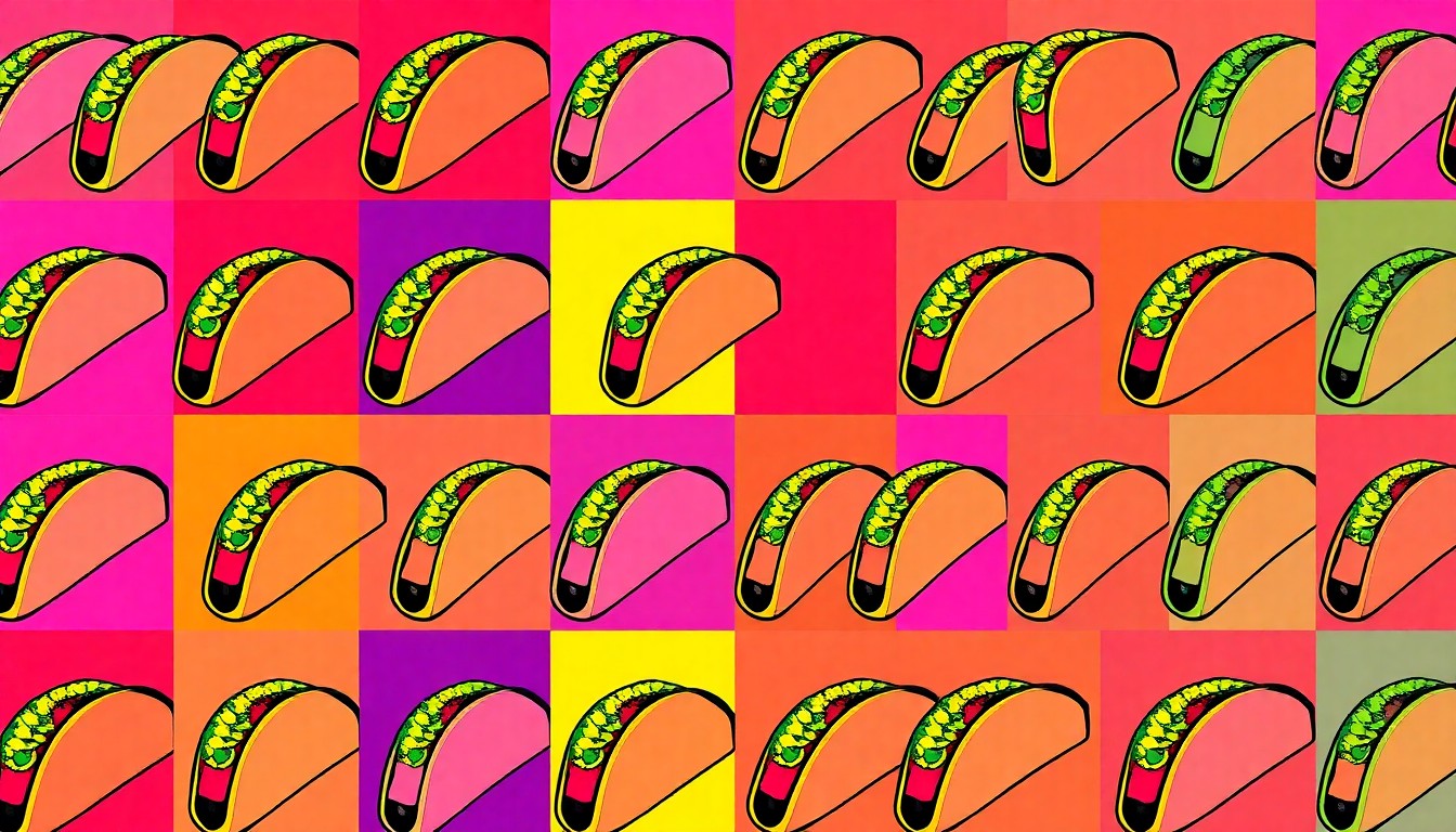 A brightly colored, high-contrast silkscreen print of a single, iconic Mexican food item such as a taco or burrito, repeated in a tight grid pattern, conceptually representing the bold flavors and traditional recipes that have made Mexico Lindo a standout destination for Mexican cuisine in San Antonio.