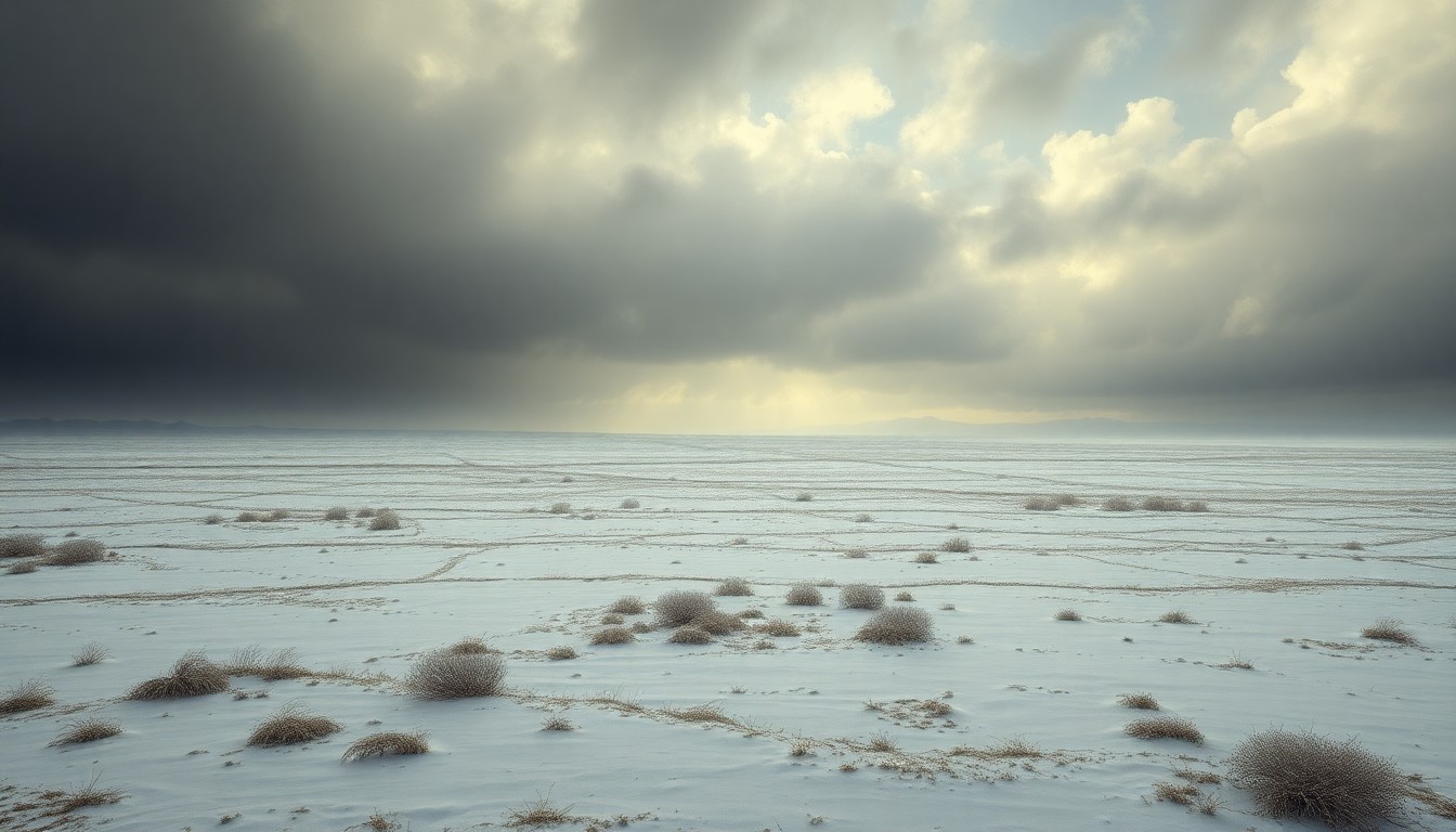 A vast, snow-covered landscape under a heavy, overcast sky, conveying the overwhelming scale and power of the natural environment through dramatic lighting and deep perspective.