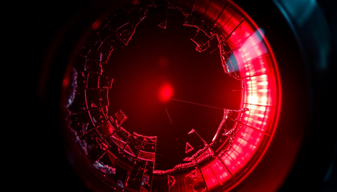 An extreme close-up of a shattered car sensor lens reflecting a faint red light, conceptually illustrating the aftermath of a violent crime incident.