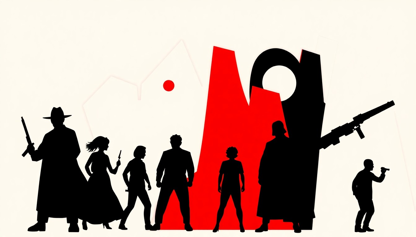 An abstract, minimalist illustration featuring bold, jagged geometric shapes and high-contrast solid colors, conceptually representing the varied genres and themes of the most popular movies on Netflix.