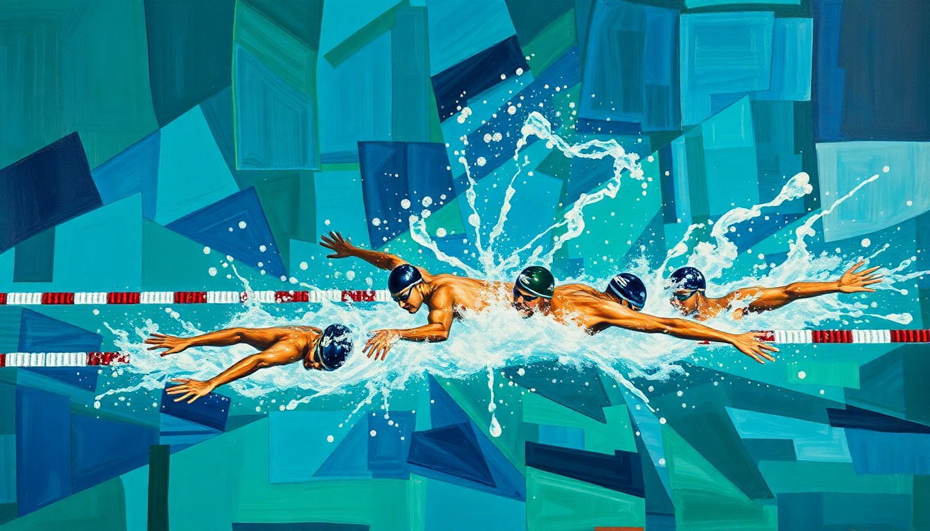 A cubist, geometric painting depicting a swimming competition, with overlapping planes of color and movement, capturing the dynamic energy and evolving nature of the sport.