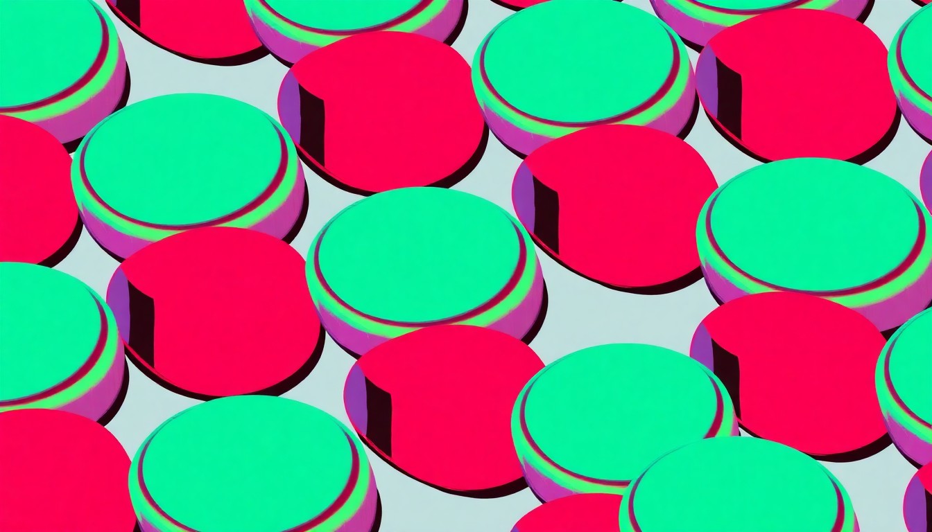 A bold, graphic illustration of a speed cushion repeated in a grid pattern, rendered in vibrant neon colors and heavy black outlines in the style of pop art, conceptually representing Overland Park's experimental approach to traffic calming.