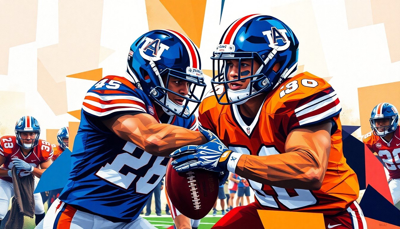 A cubist-style painting depicting a college football cornerback competition, with sharp, overlapping geometric shapes and planes in the Auburn Tigers' colors, capturing the energy and intensity of the position battle.