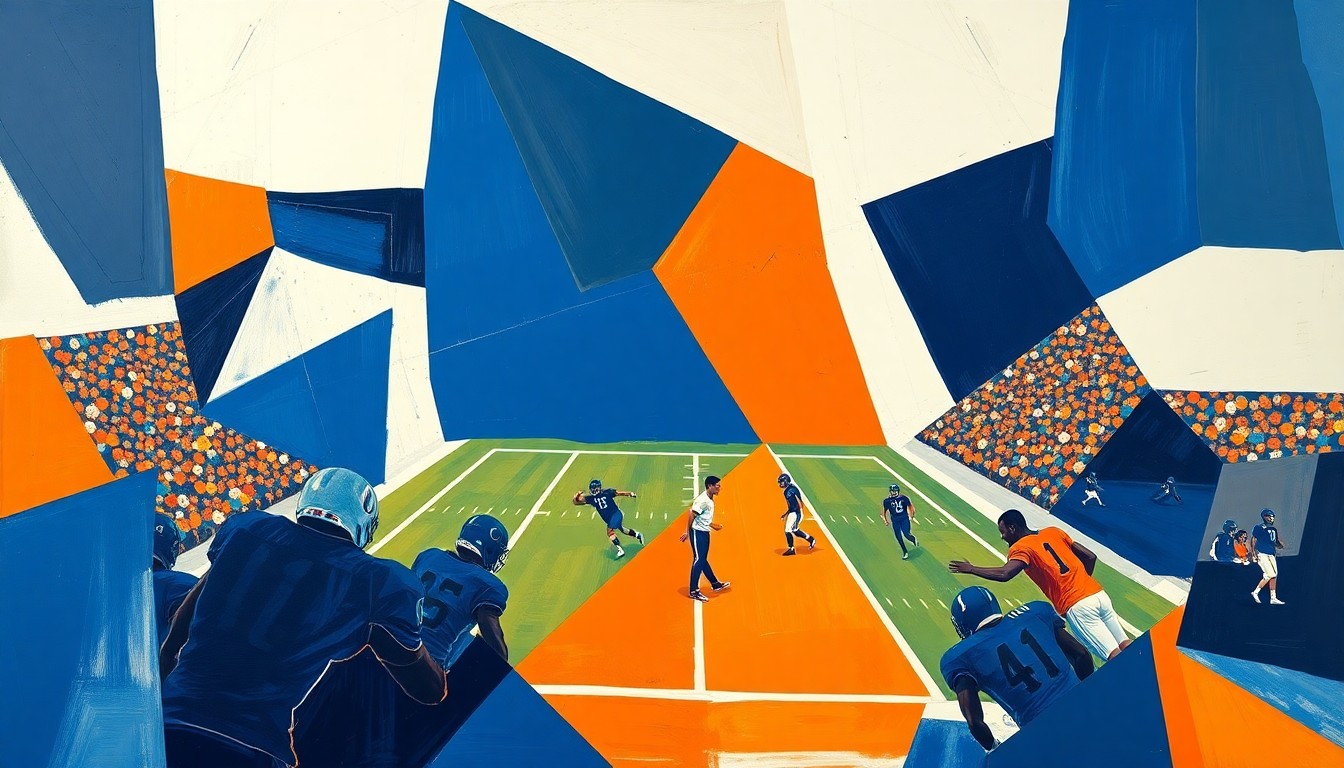A cubist, geometric painting depicting a fragmented football game, with sharp planes of navy blue, orange, and white overlapping to create a dynamic, abstract composition.