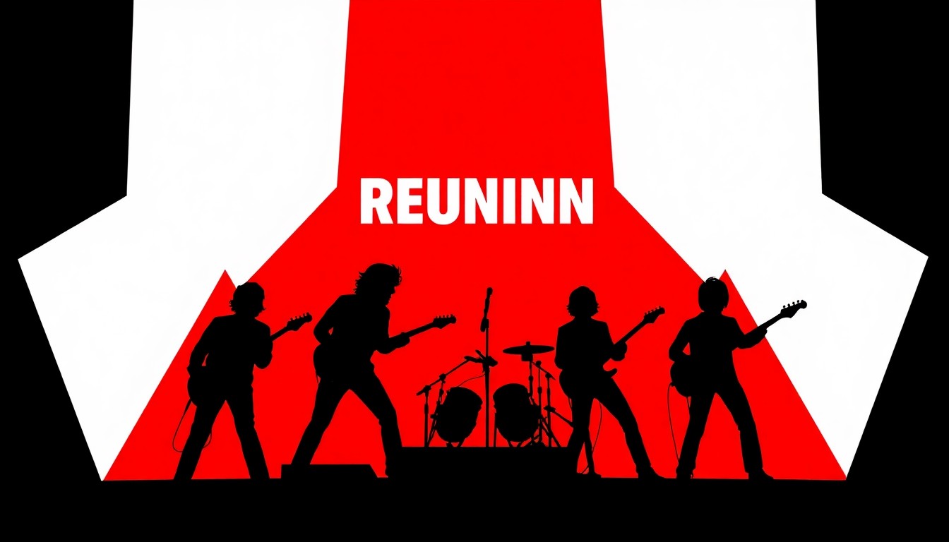 A striking, abstract illustration featuring bold, jagged shapes and silhouettes in high-contrast colors, capturing the energy and nostalgia of a legendary rock band's reunion tour.
