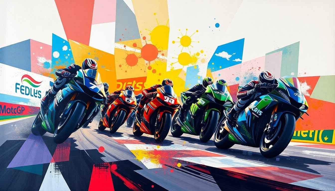 A cubist-style painting depicting the silhouettes of speeding MotoGP motorcycles and riders, with vibrant splashes of color representing the energy and intensity of the sport.