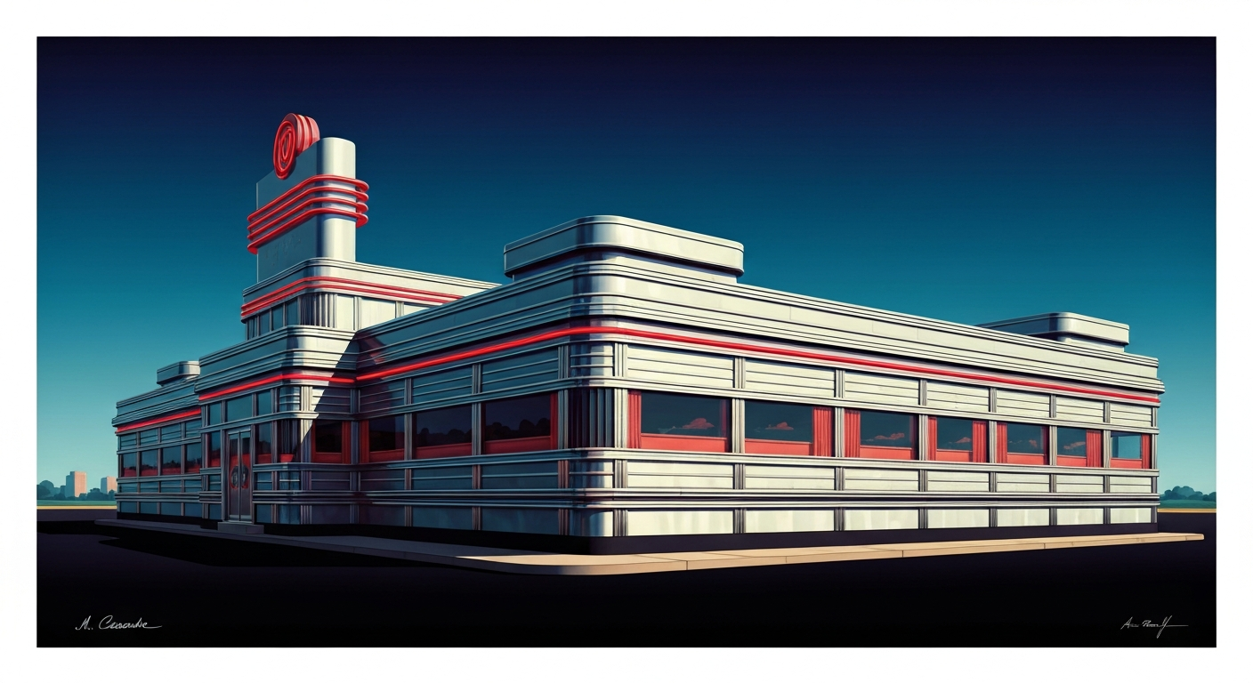 A bold, geometric illustration in the Art Deco style, depicting the exterior of a classic American roadside diner with a towering, streamlined facade and sweeping gradients of warm, earthy tones, capturing the grand scale and nostalgic charm of a beloved local institution.