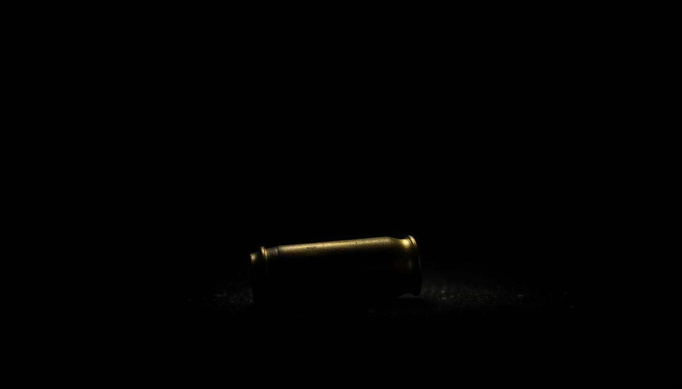 An extreme close-up photograph of a spent bullet casing on the ground, lit by a harsh, direct camera flash against a pitch-black background, conceptually illustrating the gravity and investigation of the shooting incident.