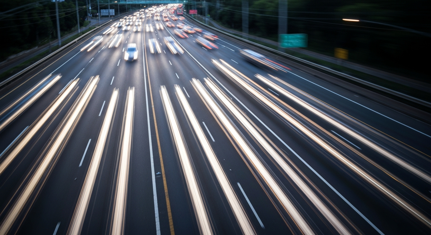 An abstract, blurred image of a busy freeway, with streaks of color representing the movement of vehicles and the chaos of the traffic situation.