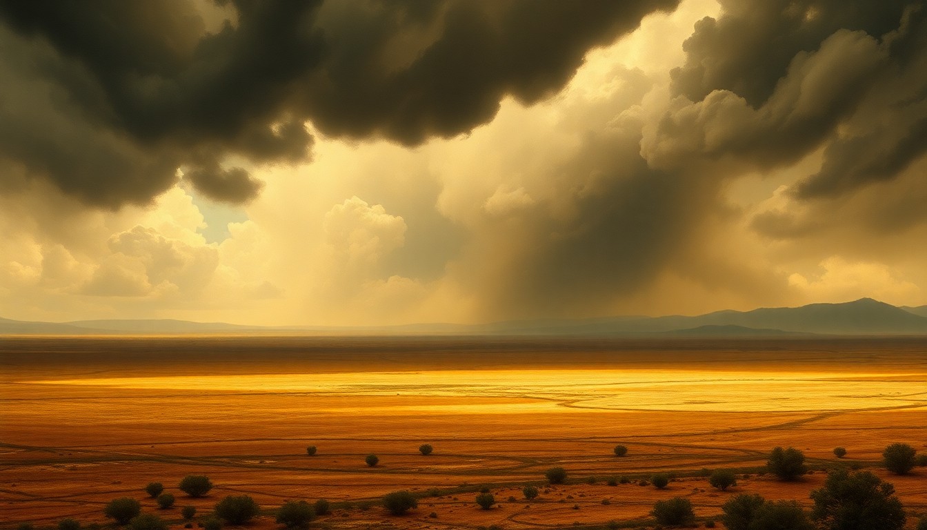 A sweeping, atmospheric landscape painting in muted earth tones, with a vast, ominous sky dominating the frame and a small, isolated structure barely visible in the distance, conveying the overwhelming scale and threat of impending wildfire.