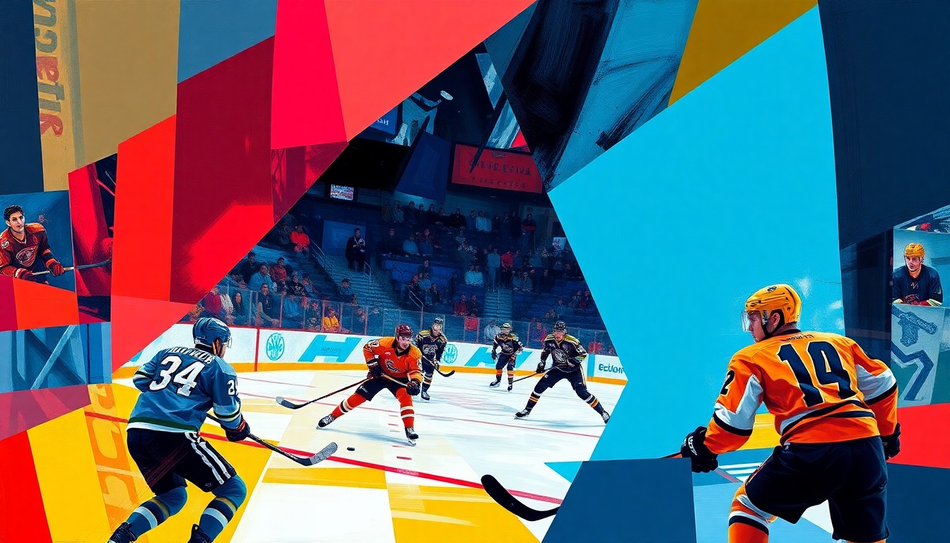 A cubist, geometric painting depicting the intense action of a hockey game, with sharp, overlapping planes of color representing the players and the energy of the match.