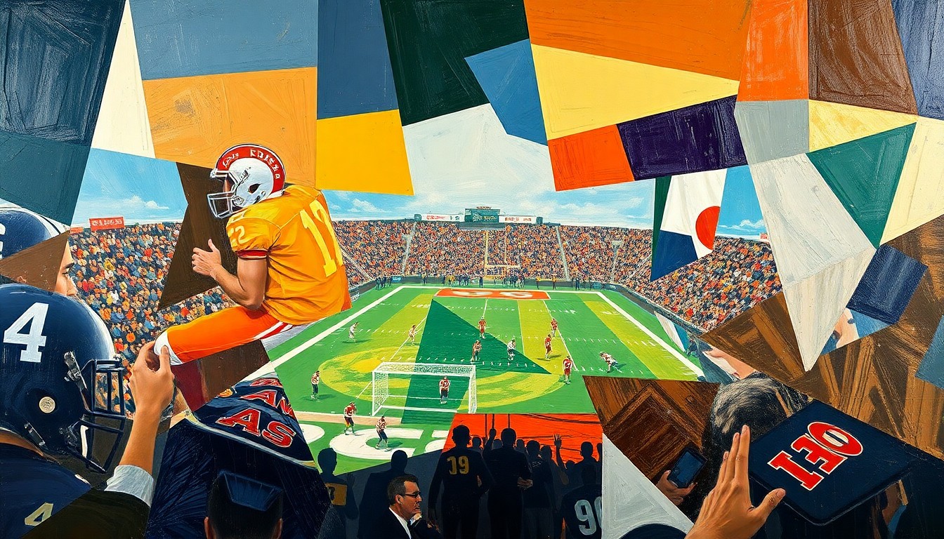 A cubist, geometric painting depicting a fragmented football field, with players and equipment broken down into overlapping angular shapes in a vibrant color palette, conceptually representing the strategic complexities of the Rams' draft decisions.