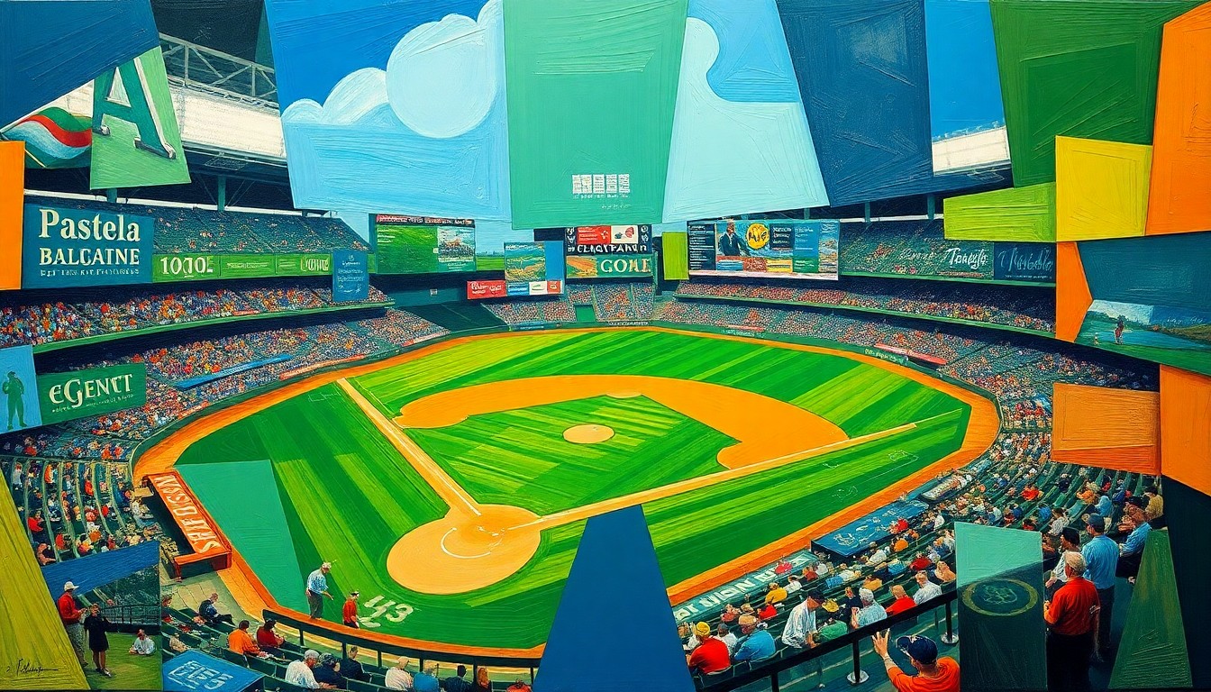 A fragmented, geometric painting depicting a baseball game, with sharp planes of color representing the action on the field.