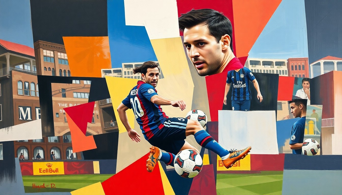 A fractured, multi-perspective painting in the cubist style, breaking down a soccer match into sharp, overlapping geometric planes in shades of blue, green, and red, conceptually representing the high-energy competition between two MLS teams.