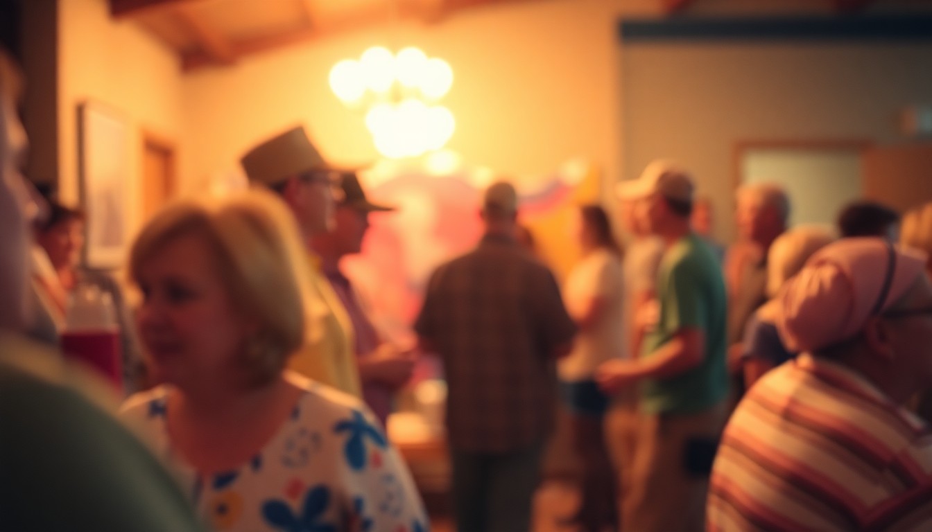 An extremely abstracted, out-of-focus photograph in soft pools of warm color and light, depicting a blurred community gathering scene that captures the mood of Rodney Lee Smith's life and legacy.