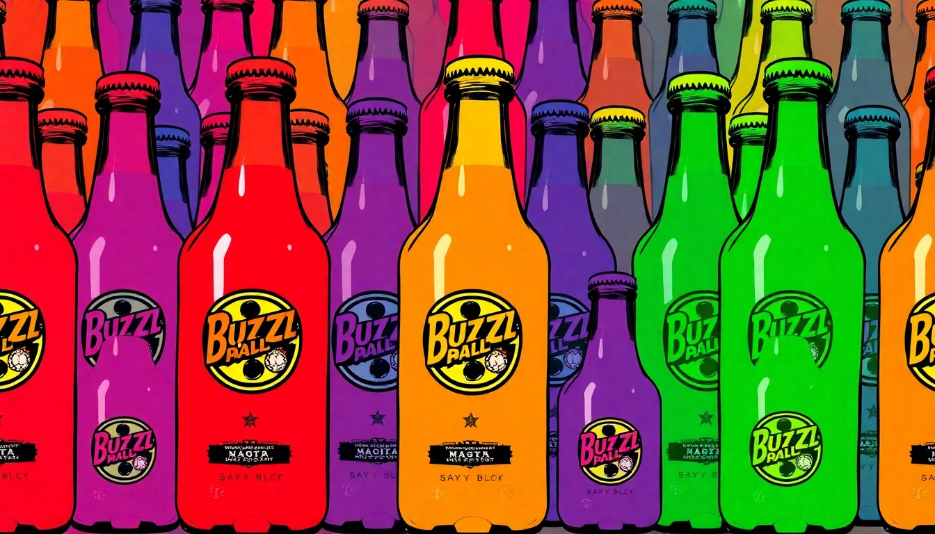 A brightly colored, high-contrast silkscreen print of a single BuzzBallz drink bottle repeated in a tight grid pattern, conceptually representing the widespread popularity and youth-friendly marketing of these alcoholic beverages.
