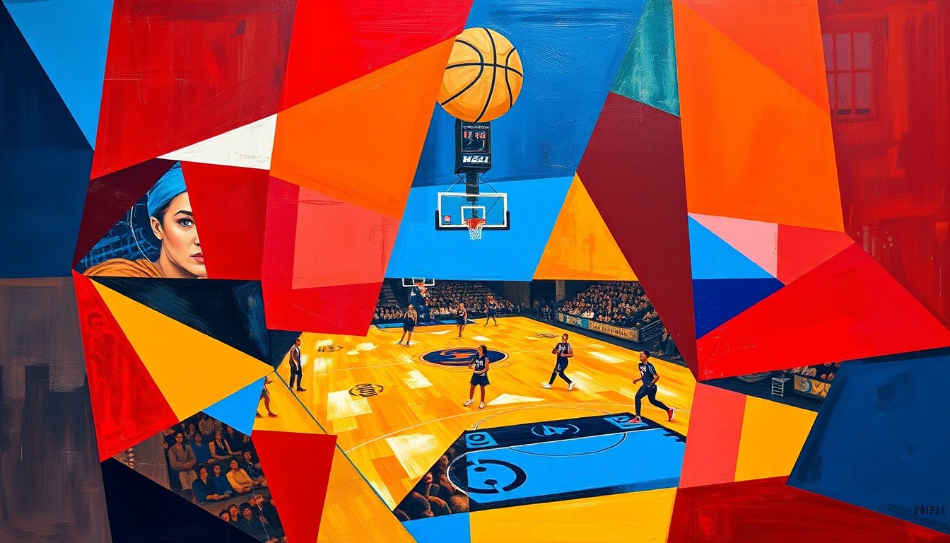 A cubist, geometric painting depicting a WNBA basketball game in motion, with players and the ball broken down into sharp, overlapping shapes in a vibrant color palette, capturing the dynamic energy and strategic complexity of the sport.