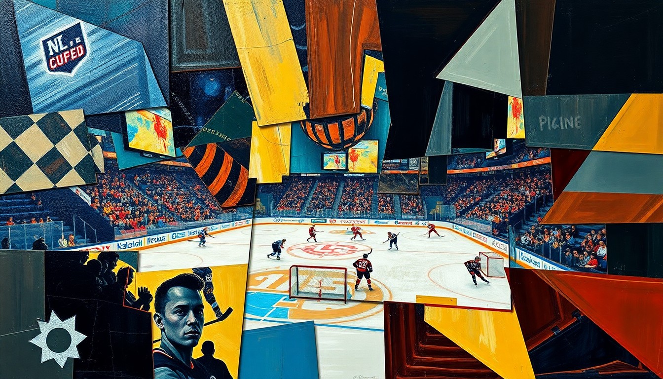 A cubist, geometric painting depicting a fragmented hockey scene, with overlapping planes of color and shape representing the complex dynamics within the Capitals organization.