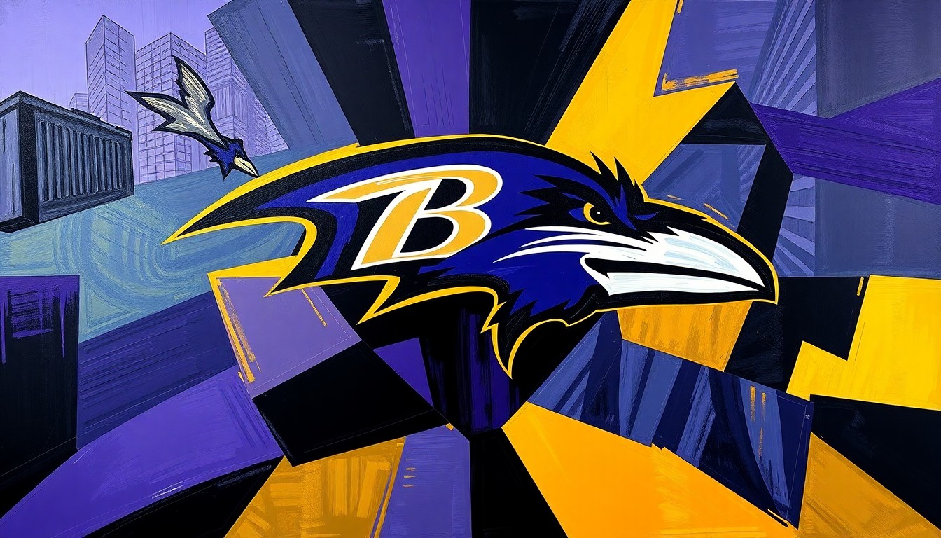 A fractured, cubist-style painting depicting the Baltimore Ravens' new uniform design, with sharp geometric planes in the team's colors of deep purple, black, and metallic gold, conveying a sense of energy and dynamism as the franchise enters a new chapter.