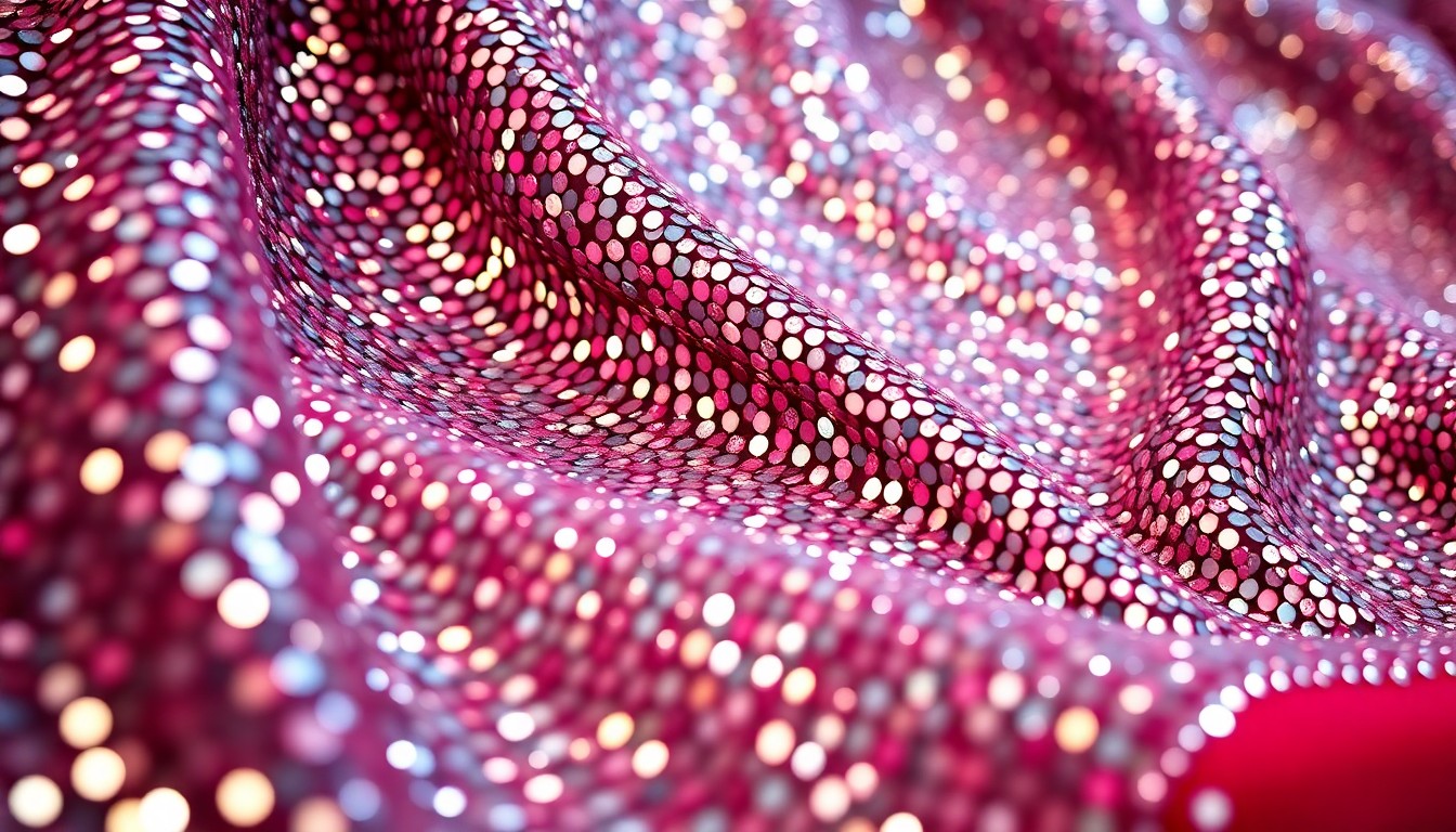 An abstract close-up photograph featuring a dramatic, high-contrast composition of luxurious, glittering textures like sequins and velvet, evoking the glamour and energy of a red carpet event.