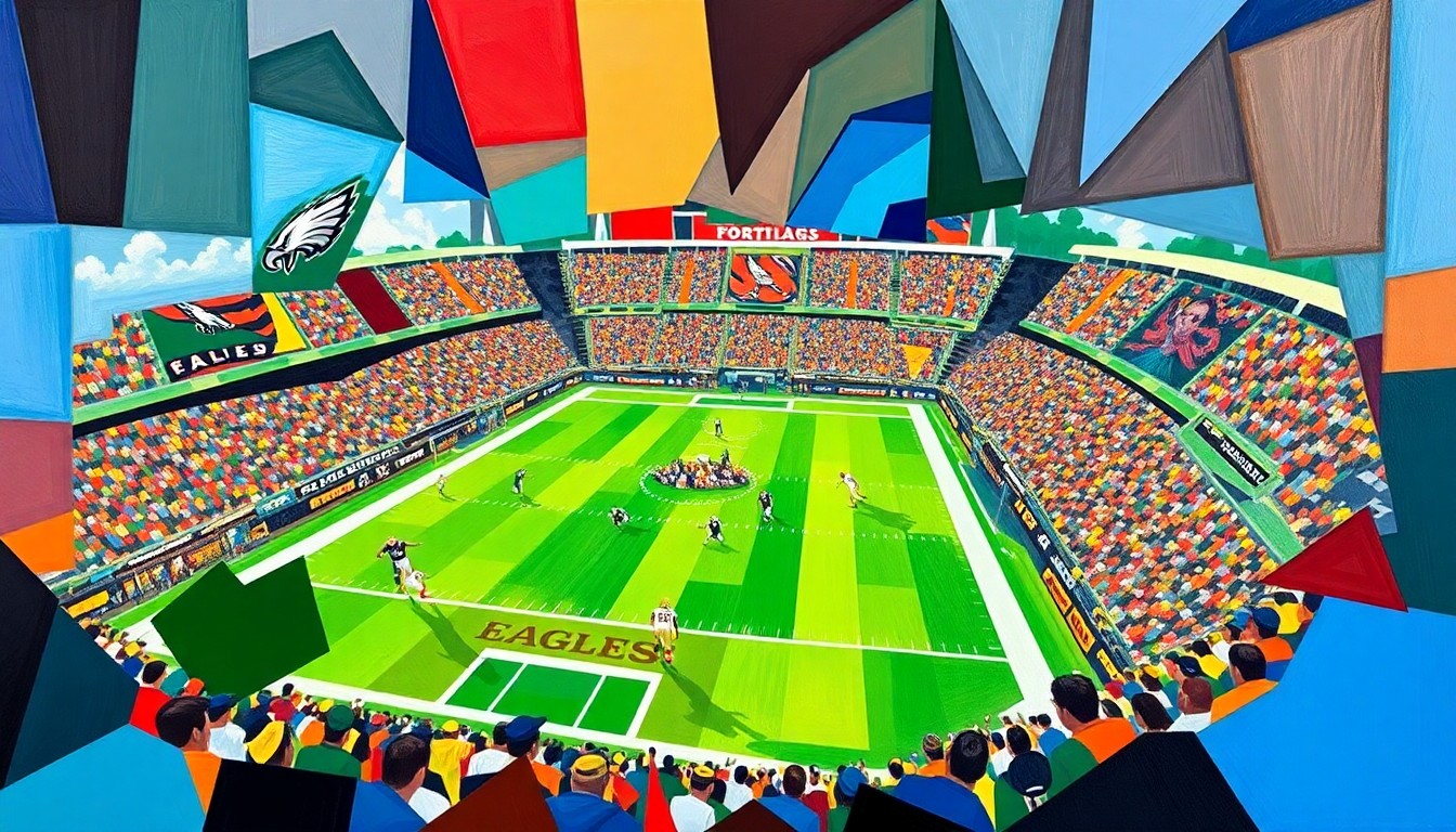 A cubist, geometric painting depicting a fractured, multi-perspective view of a football game, with sharp planes of the Eagles' team colors of green and silver overlapping to create a dynamic, abstract composition.